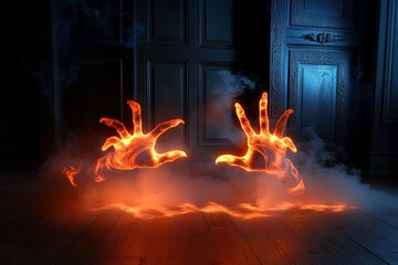 Ghostly figure floating in a dark room, barely visible in the shadows, creating an eerie, haunted feeling