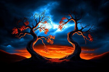 Gothic November evening, with dark, twisted trees silhouetted against a dimly lit sky, leaves swirling through the air in an eerie landscape