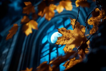 Gothic November evening, with dark, twisted trees silhouetted against a dimly lit sky, leaves swirling through the air in an eerie landscape