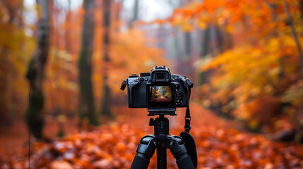 camera on tripod in forest