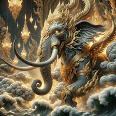 Naklejka premium Majestic Thai Elephant Dragon: A Realistic Depiction of a Mythical Beast Adorned with Intricate Gold Patterns, Emerging from Swirling Waves and Cosmic Clouds