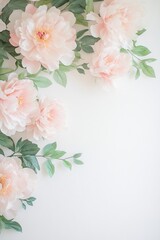 A minimalistic watercolor artwork featuring blush peonies and pastel green leaves on a bright white background