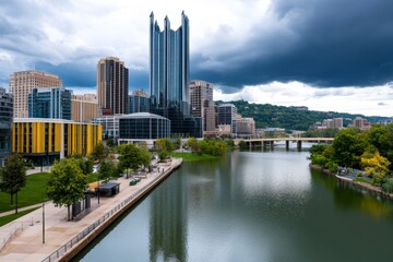 Obraz premium Gothic city skyline under a stormy sky, with towering buildings symbolizing strength and perseverance in the face of adversity