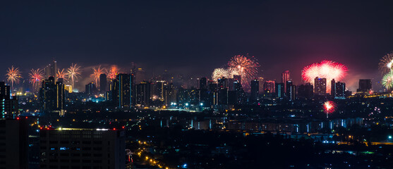 Fototapeta premium Happy new year 2025 with Firework celebrate anniversary in midnight Say Good bye 2024 hello to 2025 Concept of happiness, challenge, business strategy, opportunity and start new life again.