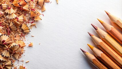 Aerial view of sharpened wooden pencils with shavings on white paper