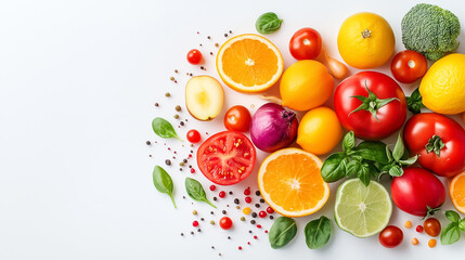 Vibrant fruits and veggies are artfully displayed on a white surface, showcasing their freshness and appeal