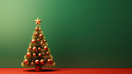 Fototapeta premium Christmas tree toy card template with baubles and copy space. Contrast red and green greeting card for winter holidays