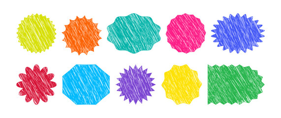 Crayon label line icon, chalk sticker starburst shape, scribble discount sale price tag, colorful paint sun, circle and oval scratch pen drawn texture isolated on white background. Vector illustration
