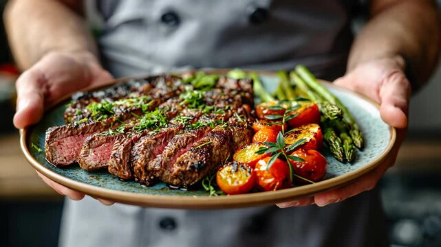 Chef holding plate presenting delicious barbecue grilled steak dinner with asparagus and tomatoes, cooked expertly and garnished with parsley and rosemary