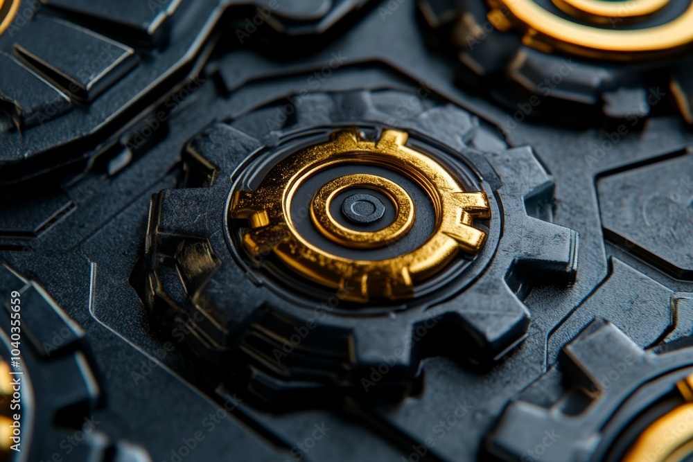 Poster hyper-realistic close-up of a gear mechanism, with intricate details of the metal, showing the compl