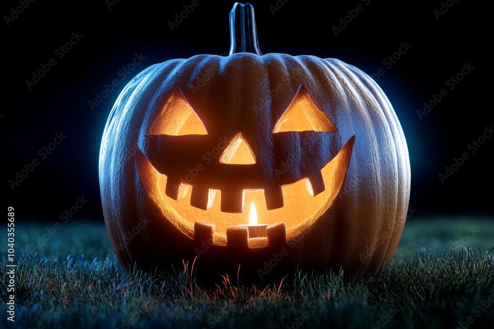 Poster Hyper-realistic close-up of a glowing jack-o'-lantern, with every detail of the carved face and flickering candlelight captured in stunning clarity