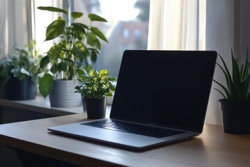 A modern laptop sits on a wooden desk, surrounded by vibrant green plants, illuminated by warm afternoon sunlight streaming in. Generative AI