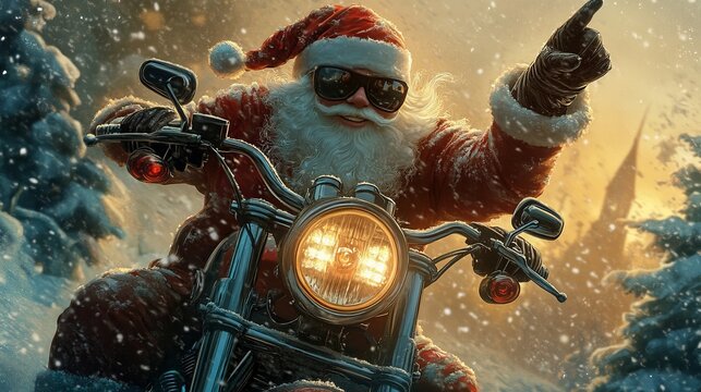 Santa on a Motorcycle Riding Through Snowy Christmas Landscape