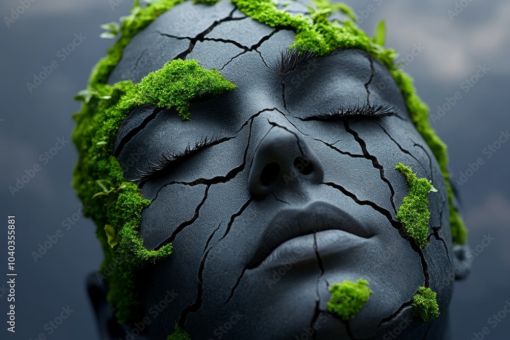 Poster hyper-realistic close-up of an angelâ€™s face, with every crack in the stone and soft moss growing a