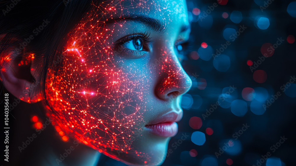 Aufkleber side profile of human woman's face illuminated by glowing neon network nodes on dark background repr