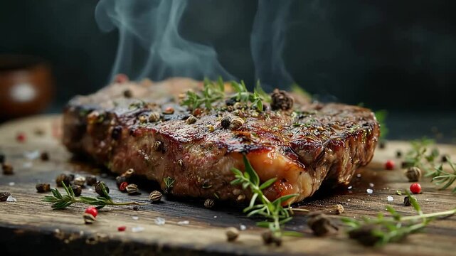 Grilled and smoking hot steak with salt, pepper, thyme, and rosemary on a wooden cutting board