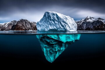 Obraz premium Iceberg floating in a cerulean sea, with bright white and blue tones of the ice shining against the deep, crystal-clear water