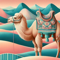 Vibrant Illustration of a Decorated Camel in a Desert Landscape: Detailed Patterns, Ornate Saddle, Soft Pastel Colors, Surreal Sand Dunes, and Dreamlike Atmosphere in 8K Resolution