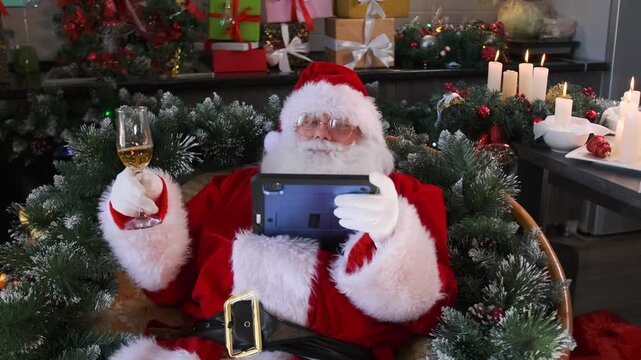 Santa Claus smiling with a glass of champagne, reading messages on his tablet