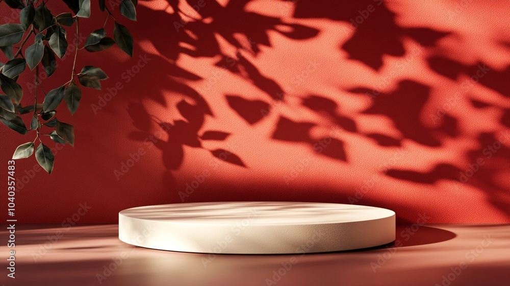 Poster elegant white podium against vibrant red backdrop with intricate leaf shadows creating a mesmerizing