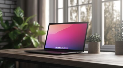 The laptop is open and displays a vibrant screen while being surrounded by greenery and sunlight streaming through the windows. Generative AI