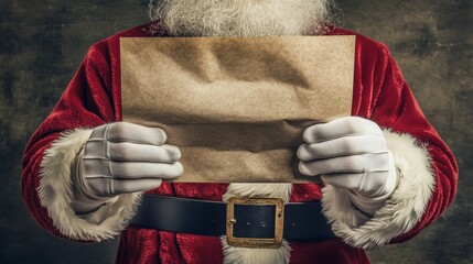 Santa Claus, wearing white gloves, reading a letter on Christmas Eve.