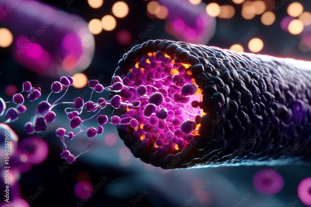 Poster Ion channels in action, showing a close-up of the cell membrane with ions like calcium and sodium moving in and out through the channels