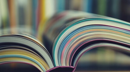 Vibrant pages of open books fan out in a mesmerizing array of colors, creating a captivating visual symphony of literature and knowledge in this close-up view.