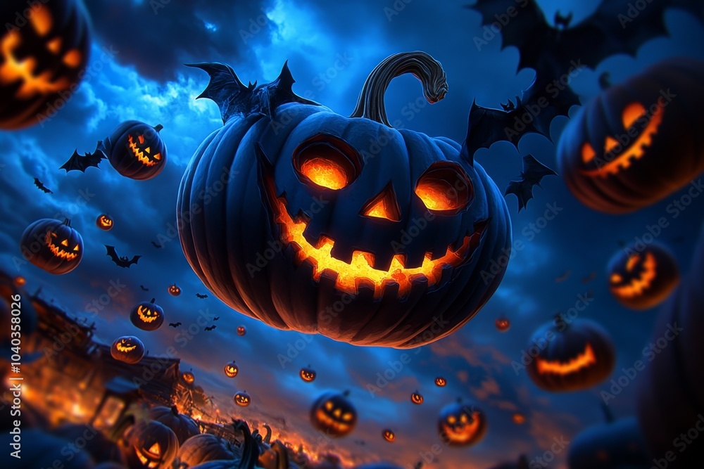 Poster magical pumpkins glowing with enchanted light, floating gently above a pumpkin patch at twilight, wi