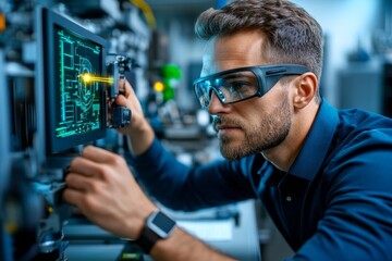 Mechanical engineer using a laser cutter, adjusting settings to cut precise metal parts for a machine in development