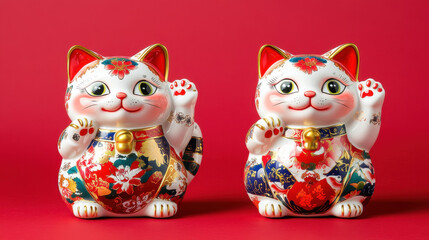 Fototapeta premium Lucky cat figurines with raised paws, colorful patterns, and smiling expressions, symbolizing good fortune and prosperity