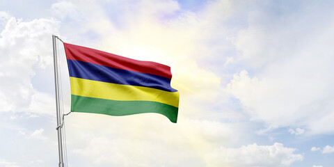 Mauritius flag waving on sky background. 3D Rendering