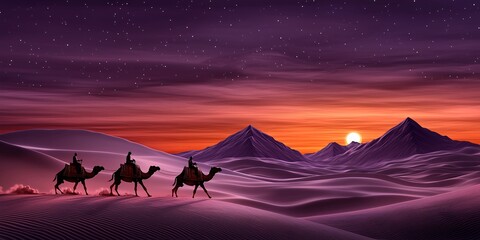 Naklejka premium Camel Caravan Journey Across the Sunset Desert Landscape