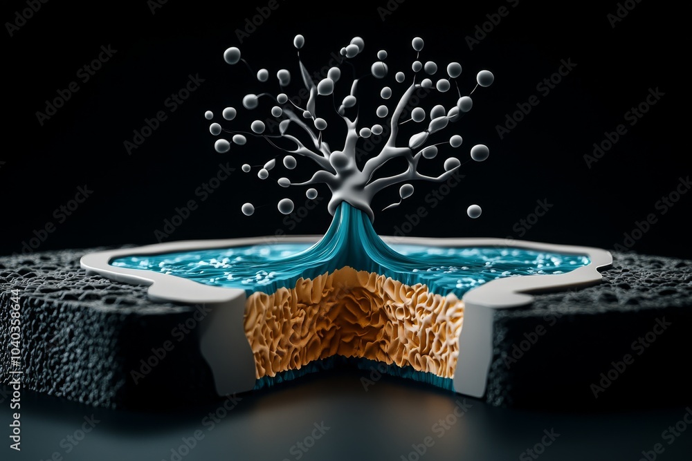 Poster Minimalist depiction of a single ion channel in a cell membrane, with clean lines showing the movement of ions through the channel