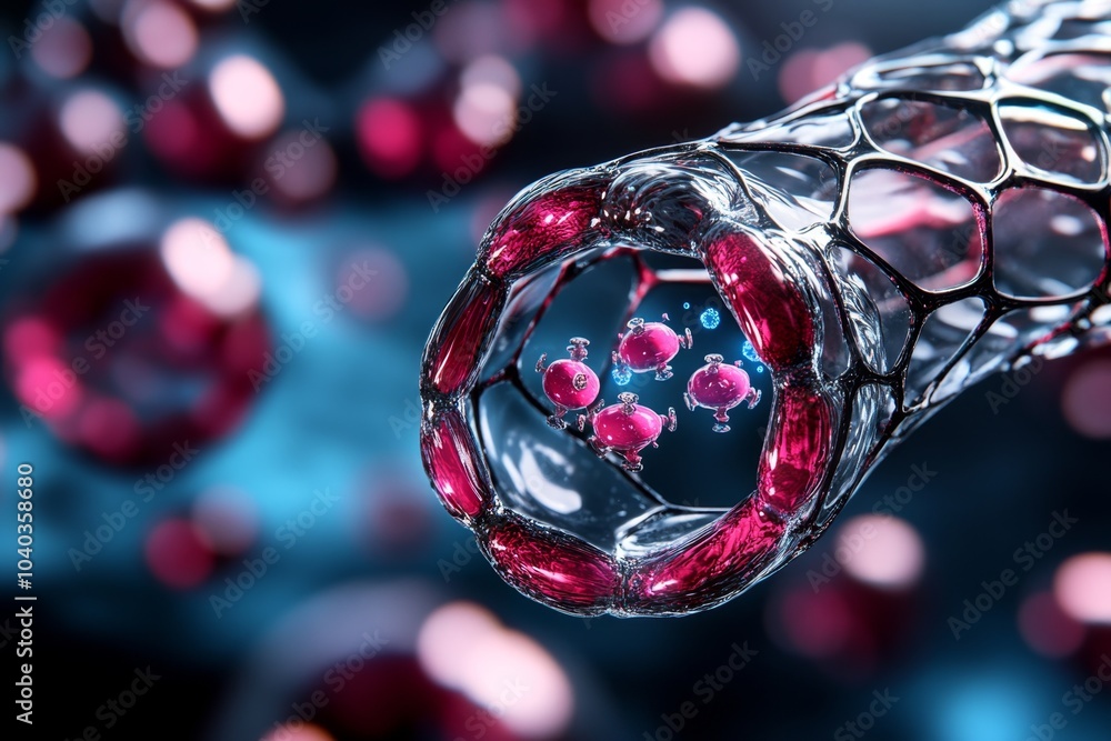 Poster Minimalist depiction of a single ion channel in a cell membrane, with clean lines showing the movement of ions through the channel