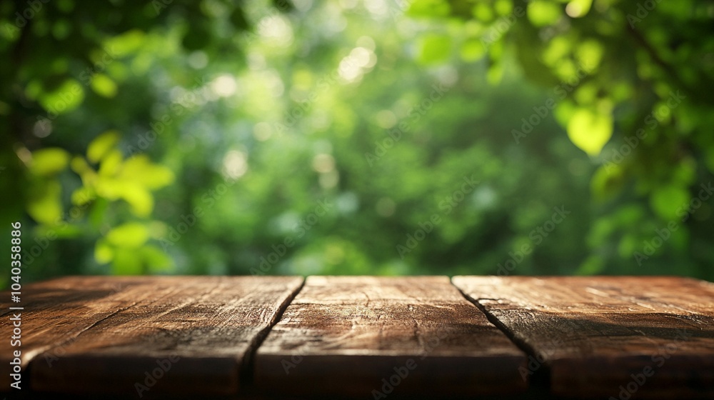 Aufkleber rustic wooden table surface in foreground with blurred lush green forest backdrop, creating a serene