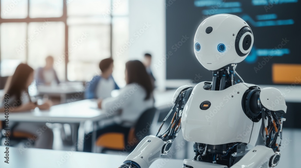 Poster Advanced robotic education institute, futuristic classroom with teaching robots and students, Innovative style