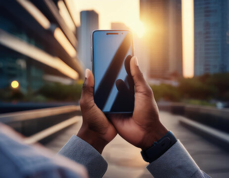 Close-up de unas manos utilizando un telefono movil en la calle con edificios desenfocados al fondo y la luz del sol al atardecer