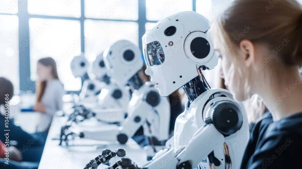 Aufkleber advanced robotic education institute, futuristic classroom with teaching robots and students, innova