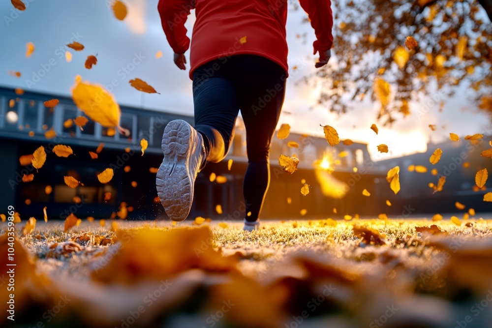 Poster november morning jogger running through a park, with a light layer of frost on the grass and golden 