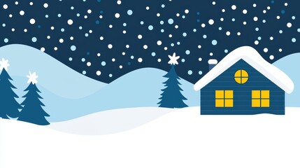 Illustration of a cozy cabin with a glowing Christmas tree visible through the window, surrounded by a snowy landscape