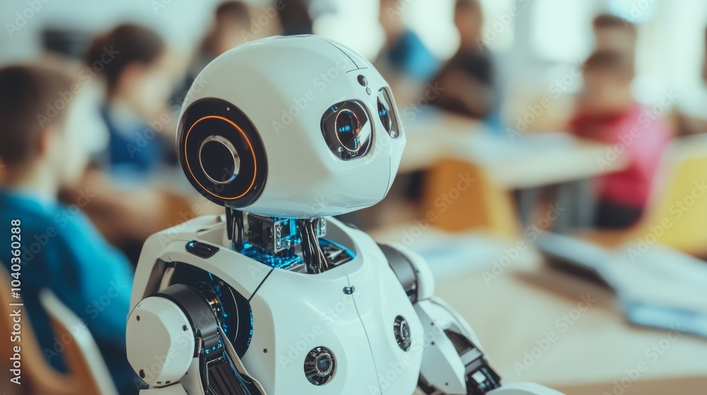 Poster advanced robotic education institute, futuristic classroom with teaching robots and students, innova