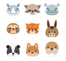 Cute animals face cartoon vector