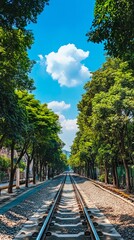Obraz premium A train track in the middle of a park lined with trees