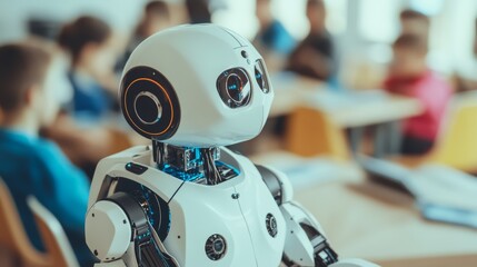 Fototapeta premium Advanced robotic education institute, futuristic classroom with teaching robots and students, Innovative style