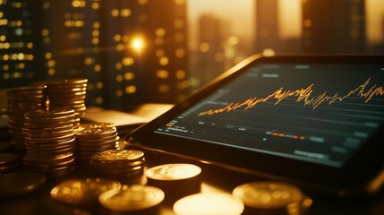 A tablet displaying stock market charts on a table, surrounded by golden coins.