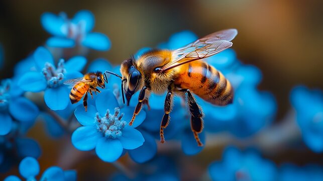 A couple of bees that are on some blue flowers