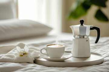 Fototapeta premium A cup of coffee sitting on top of a bed next to a white flower