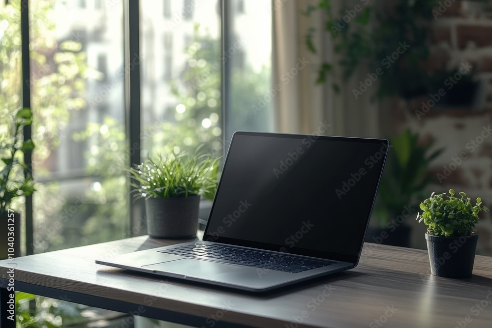 Poster a modern laptop rests on a wooden desk in a sunny room filled with potted plants, creating a serene 