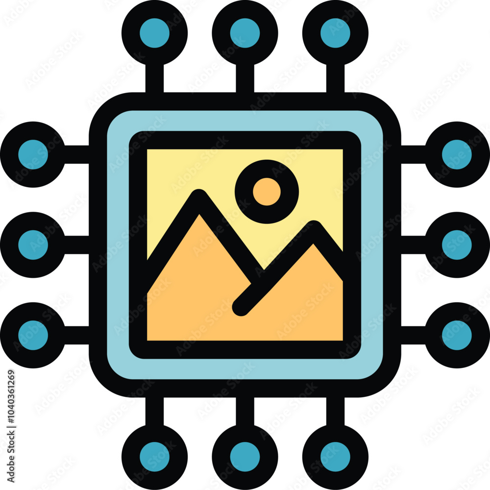 Aufkleber microprocessor is managing a picture file, depicting a concept of digital landscape processing